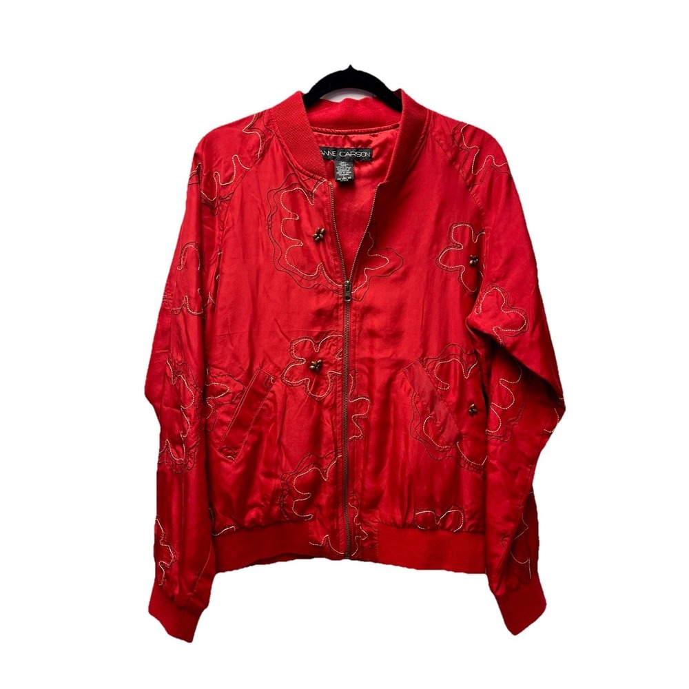VTG Anne Carson L Red Silk Bomber Jacket Embroidered Beaded 90s Artsy Metallic
